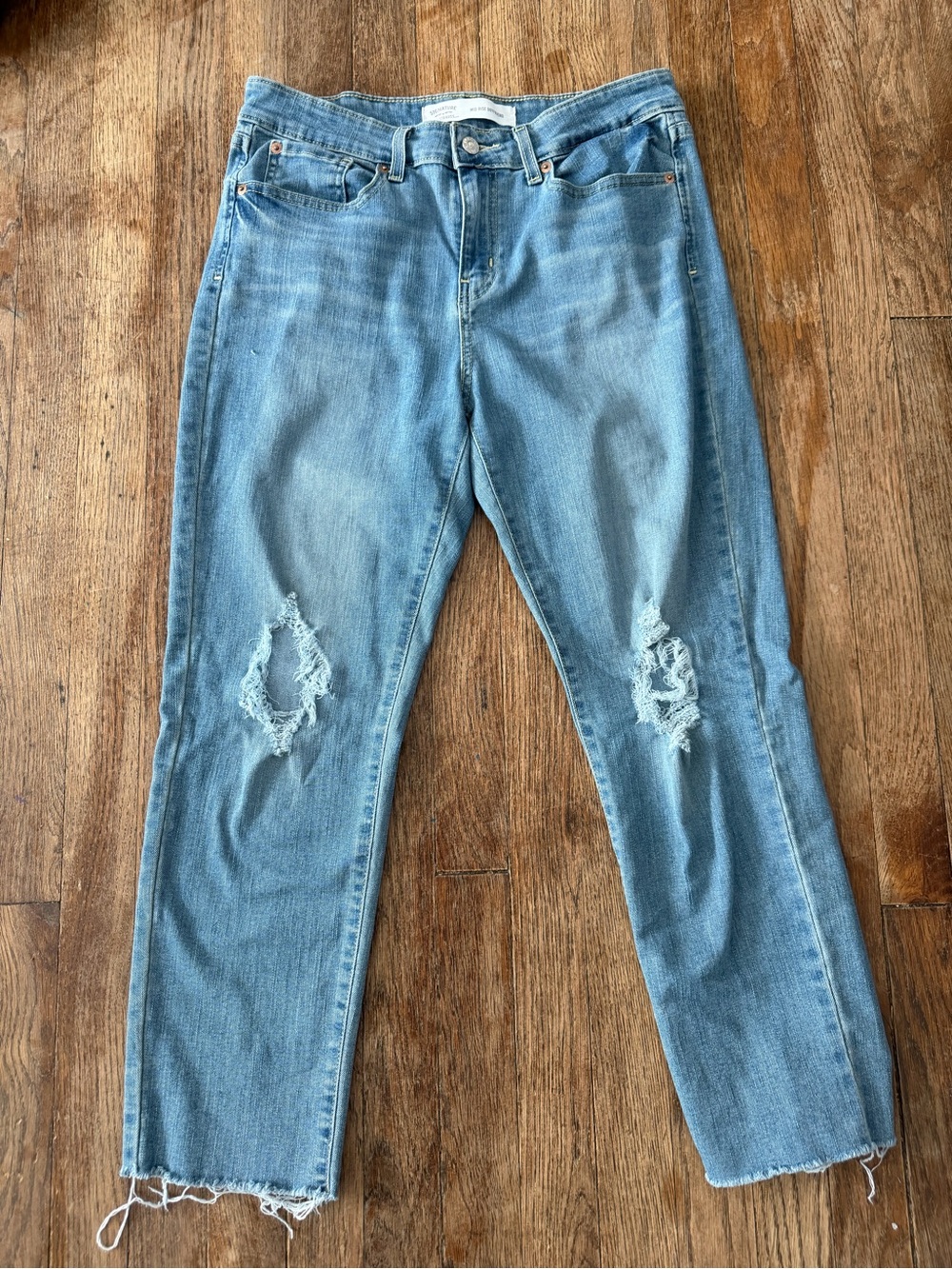 Women's Light Blue Distressed Straight-Leg Jeans